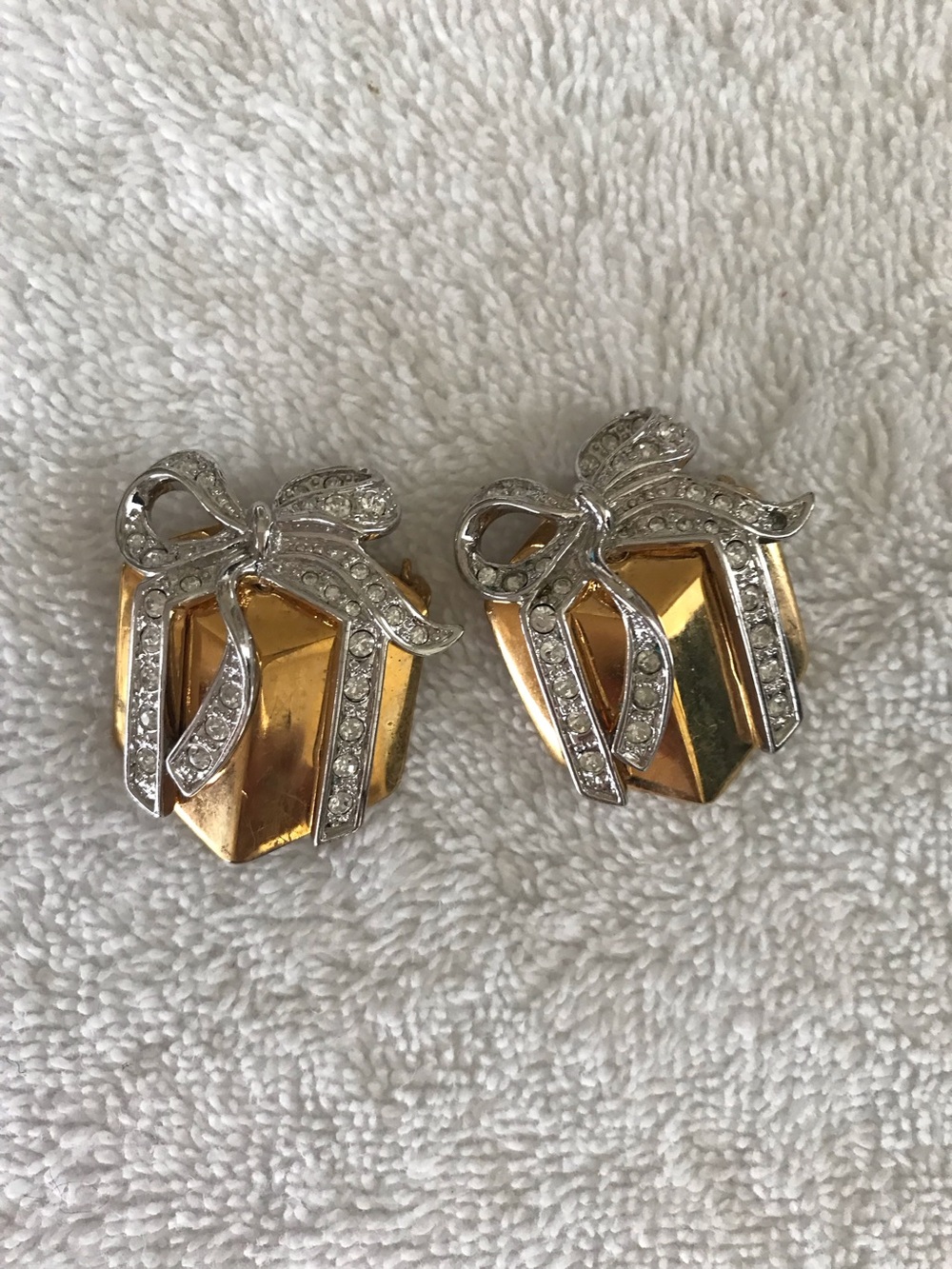 Thailand (2) Gold and Silver Bow Gift-Box Earrings - Sparkling Crystal Accent